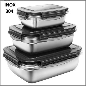Bộ 3 Hộp INOX 304 Đựng Thực Phẩm Trong Tủ Lạnh 1800+850+ 350ml Nắp Khóa Kín Chống Rò Rỉ An Toàn