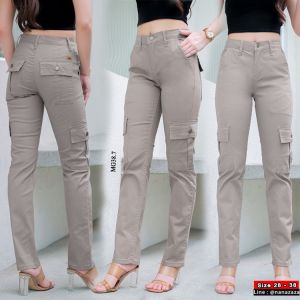 (พร้อมส่ง) NANAZAZA - MG038 กระบอกเล็กยืด คาร์โก้สไตล์ กระเป๋ากล่อง 100% COTTON DENIM ยืดหยุ่น เอวยืดได้2นิ้วจากป้ายsize