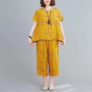 2 PCS/SET Women Fashion Casual Loose Suit Korean Style Plus Size Set Wear Ladies Short Sleeve Loose Blouse Top +Wide-leg Pants