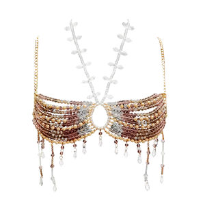 Crystal Hollow See-through Backless Tassel Handmade Top Pool Beach Pearl Bra