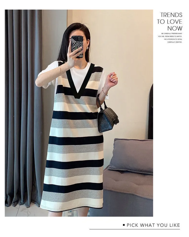 Maternity Dress Korean Style Plus Size Fake Two piece Stitching Striped Pregnant Women Dress Summer Loose Tibetan Meat Slim Pregnant Woman T shirt Pregnancy Dress Fashion Pregnant Dress Lazada