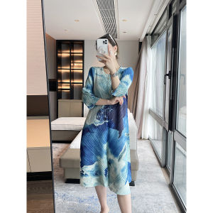 Sunya. 1 Miyake Pleats Please New Ink Painting Print Flowy Slimming Pleated Dress - Elegant Midi Length[92989]