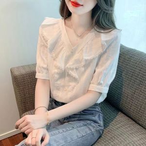 คอวีใบบัวผ้าฝ้ายแขนสั้นเสื้อผู้หญิง 2024 ออกแบบฤดูร้อนความรู้สึกเฉพาะกลุ่มแฟชั่นด้านบน