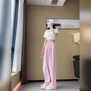 Ammin phong cách Hàn Quốc R in Chấm Bi Polka Gấp Đàn Hồi eo cao quần ống rộng Phụ Nữ 2024 Mùa Hè Mới Mỏng Lỏng Mọi Điều Lười Biếng Dọc Quần