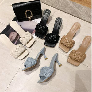 Summer New Ins Fashion Ladies High Heeled 8cm Heels 35 to 39 Size Woven Upper Women Sandals Square Head Stiletto High-heeled Slippers Party Shoes