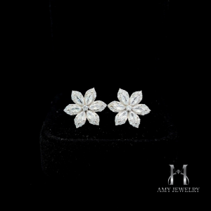 BAM10 Bông tai nữ hình hoa 6 cánh -bạc 925 xi bạc - xi bạch kim đính đá CZ