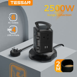 TESSAN Retractable Tower Extension Plug 2m Extension cord Power Multi plug Socket with USB Desktop Power Strip USB Adapter Extension Socket
