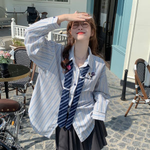 (Dasi+Lencana) Kemeja Bergaris Wanita Lengan Panjang Terbaru Atasan Wanita American Style Retro Fashion Polo Shirt Longgar