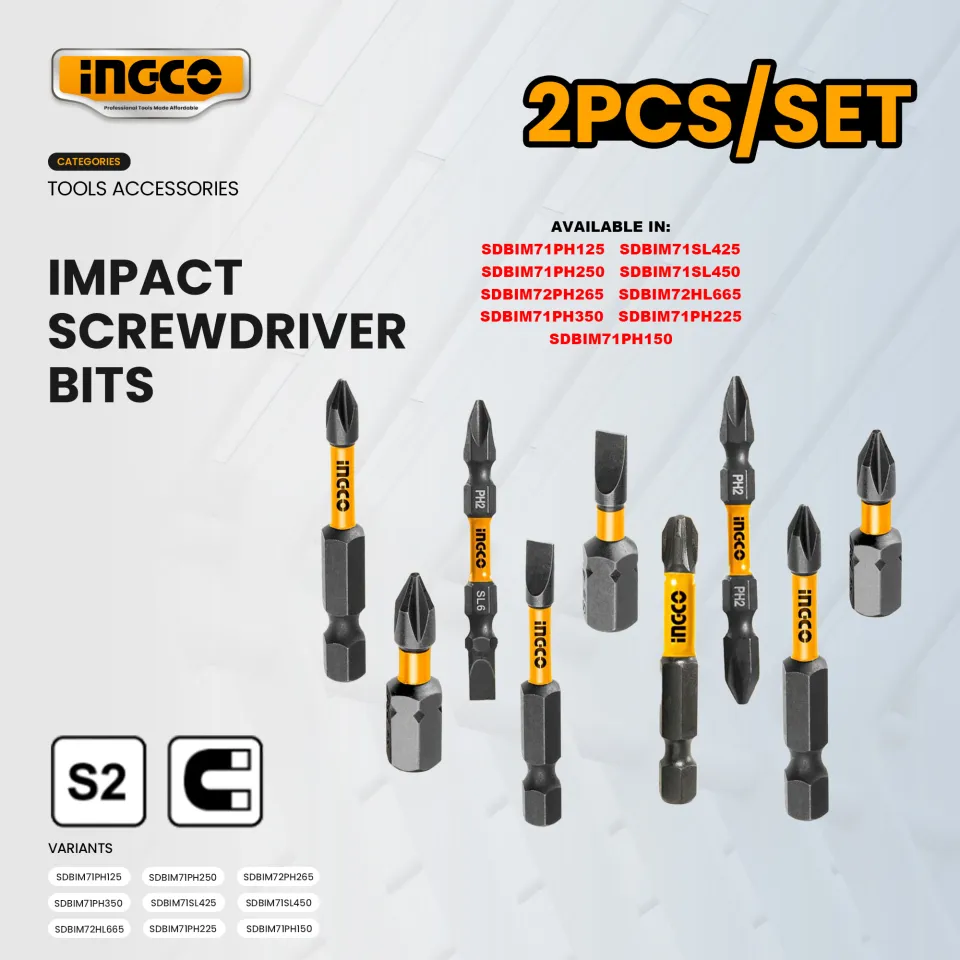 Ingco 2pcs/Set PH1/PH2/PH3/SL4 Impact Screwdriver Bits Black - Main Image