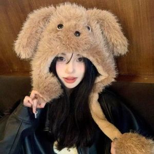 SQMETR Tai di chuyển Mũ len mùa đông mềm mại Động vật hoạt hình Ấm áp Mũ len chui đầu Dễ thương Bông xù Mũ tai chó Dành cho phụ nữ.