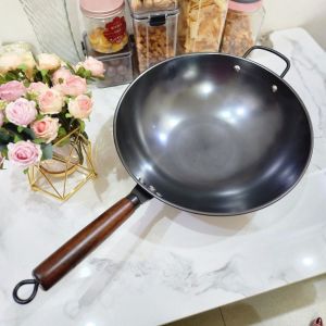 Wajan Baja Tahan Karat Wajan Restoran Tebal Kuali Penggorengan Ukuran 30-40cm Gagang Kayu terlaris termurah bisa cod