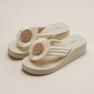 [Free Shipping] Daisy Wedge Flip-Flops With Woven Petal Decoration EVA Thick Sole Non-Slip Comfortable WomenS Outdoor Vacation Sandals