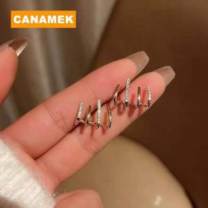 【CANAMEK】 Korean Earing Claw Ear Hook Clip Earrings for Women Four-Prong Setting Gold Color Ear Earrings Fashion Jewelry New Year Gift