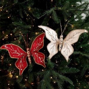 RUCHO Velvet Sequin Butterfly Christmas Pick Glitter Handmade Fabric Butterfly Decor Stem Floral Arrangement Gold Trimmed Holiday Artificial Butterfly Home Decor