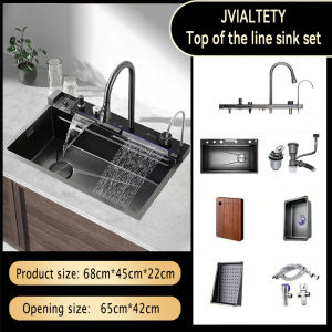 JVIALTETY stainless steel kitchen sink 4.0MM thickness digital display sink multi-function integrated waterfall sink top sink set