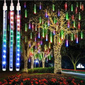 ??Original Product+FREE Shipping??  Solar/American plug outdoor    LED Meteor Shower Rain Lights Waterproof Falling Raindrop Fairy String Light for Christmas Holiday Party Patio Decor 30/50CM