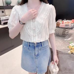 Ammin เสื้อยืดแขนสั้นผ้าลูกไม้เสื้อชีฟองฤดูร้อนเสื้อ2024สั้น