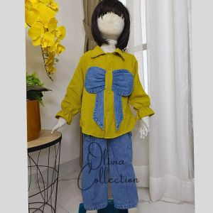 Oneset buffy jeans anak perempuan terbaru 2024 usia 3 - 12 tahun setelan lavana bahan jeans wash mix crinkle import model celana kulot cargo jeans set buffy rok pita anak terbaru model kekinian set cargo anak terbaru - COD