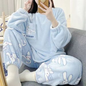 Kawaii Sanrioed Cinnamoroll 2Pcs Womens Plush Pajamas Suit Winter Y2K Hooded Home Clothes Cartoon Thickened Homewear Soft Girls