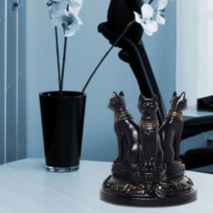 NCNC(OKDEALS01) Black Cat Goddess Statues Triple Egyptian Cat Resin Display Base Retro Display Bracket Home Decor