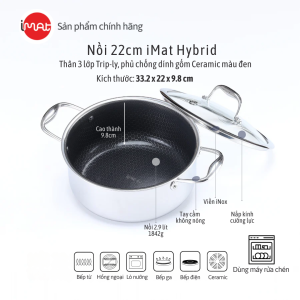 [Hàng chính hãng] Nồi nông inox iMat Blackcube 22cm Cao 9.8cm Thể tích 3.2l Phủ chống dính gốm Ceramic đen thế hệ mới