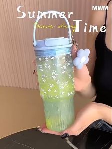 900ml(30oz) Water Bottle with Handle and Straw Food-Grade Plastic Tumbler for Ice Coffee Juice