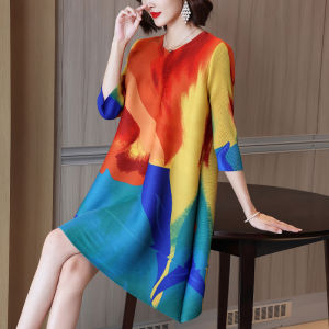 Miyake pleated Western-style printed dress 2022 early spring new large size womens Western-style age-reducing A-line skirt [NOVA quality]