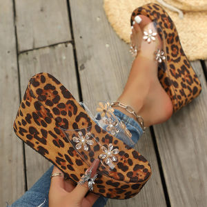 Free Shipping Slippers 2026 New Thick-Soled Slippers With A Wedge Heel Transparent Floral Embellishments Fashionable Outdoor Slip-On Sandals