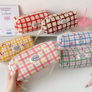 LIFE SHOPS Large Capacity Y2K Cherry Pencil Case Cosmetics Storage Checkered Cartoon Cherry Makeup Bag Kawaii Portable Stationery Storage Bag Student