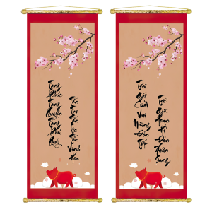 Tranh Liễn (30x90CM) Câu Đối Trang Trí - "Trai Gái Cười Vui Mừng Đón Tết Trẻ Già Hoan Hỉ Đón Xuân Sang"