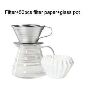 Drip Type Stainless Steel Flat Bottomed Coffee Filter Cup Large Cake Filter Paper Household Hand Brewed Coffee Filter Set