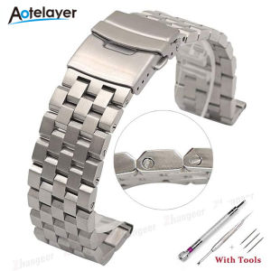 Aotelayer 18mm 20mm 22mm 24mm 26mm High Quality Full Solid Stainless Steel Flat Interface Watch Band Men Women Flat Head Universal Straps Wristband Screw/pins Style Folding Safety Buckle Bracelet With Tools
