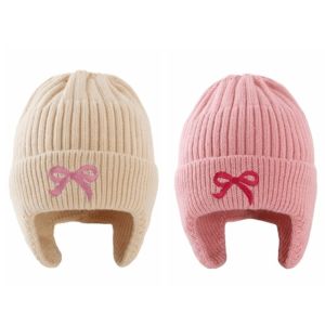 COLORF 2pcs Warm Kids Earflap Hats Embroidered Bow Windproof Beanie Cozy Head Ear Protection Knited Hat Ages 3-6Y