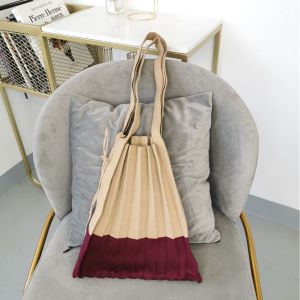 Simple Knit Pleated Handbag Casual Shoulder Bag Foldable Tote Bag Soft Art Style Sling Bag for Daily Use