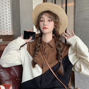 Blus Blok Warna Jaket Blus Longgar Vintage Lengan Panjang Atas Korduroi Medium Panjang Mantel Kualitas Tinggi
