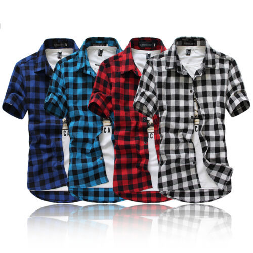Blueyue02 Men Check Shirt Cotton Short Sleeve Button Down