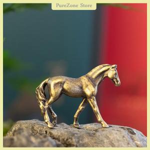 [PureZone] Antique Brass Solid Long Tail Horse Figurines Miniatures Feng Shui Ornaments Copper Zodiac Animal Mini Desktop Decoration Crafts