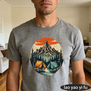 [Local Stock] HBESTY  Circular Mountain Range Tent River Graphic T Shirt Men Heather Grey Tee Vintage Camping Scene Print Top Summer Trekking Outdoor