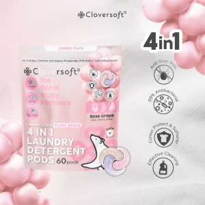 Cloversoft Plant-Based 4in1 Anti Dust Mite Supreme Laundry Capsules Laundry Pods Jumbo 60 Pods (Rose Grape / Eucalyptus)