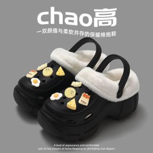 [Free Shipping] Winter plush-lined detachable womens high-heeled cute student anti-slip cotton slippers for autumn and winter
