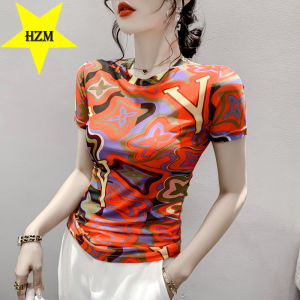 HZM Summer fashion print short sleeve 2023 crew-neck gauze T-shirt trend slimming European style top