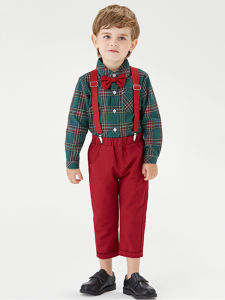 Kids Boy Christmas Outfit Baby Xmas Formal Clothes Set Infant Gentleman New Year Suit Toddler Plaid T-Shirt+Suspender Pant for 1-7 Y