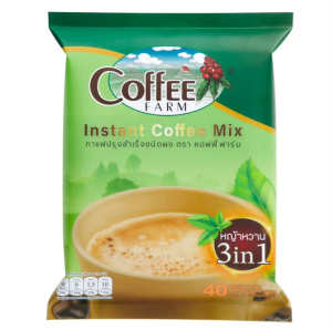 กาแฟปรุงสำเร็จรูปชนิดผง 3 IN 1 ตราคอฟฟี่ฟาร์ม สูตรหญ้าหวาน  กาแฟโรบัสต้าแท้  ห่อสีเขียว บรรจุ 40ซอง