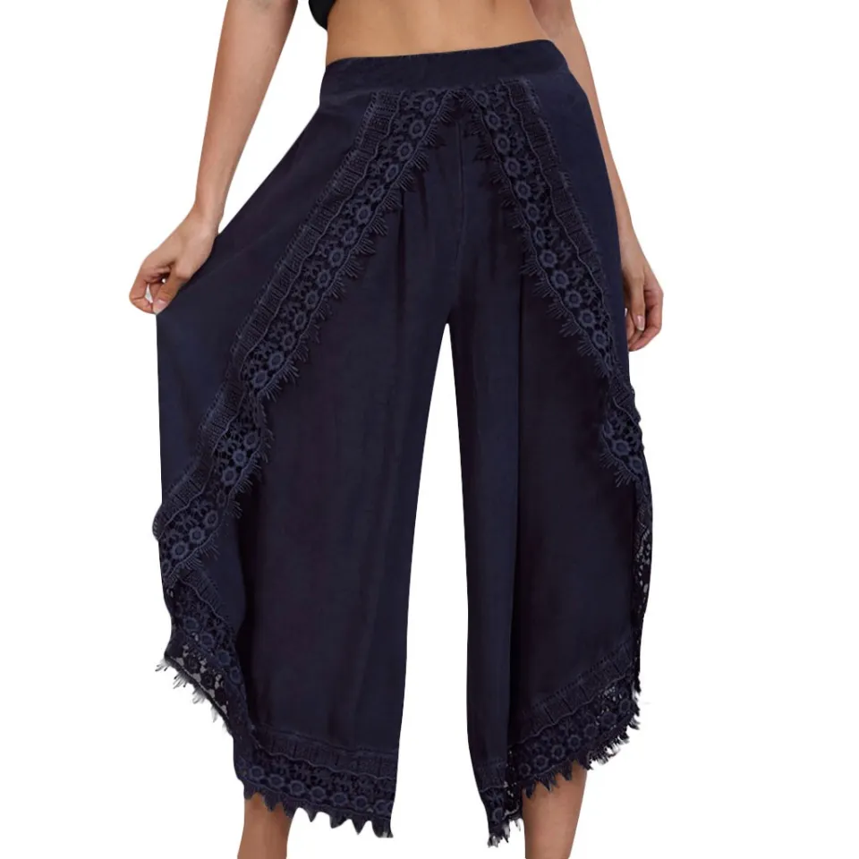 Plus Size S-5XL Women Wide Pants Spring Summer Autumn Fashion Casual Vintage  Loose Cotton High Waist Bohemia Boho Beach Seaside Holiday Skirt Pants  Black White