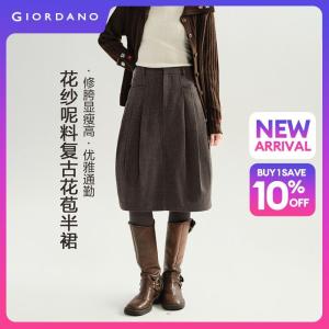 GIORDANO Women Skirts Heathered Knit Tulip Knee Length Skirts High Waist Fashionable Casual Pleated Skirts 18466905