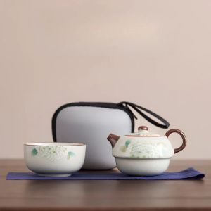 xpkQ Handmade Teapot Portable Ru Kiln Tea Set Ceramics One Pot One Cup Outdoor Travel Chinese Kung Fu Tea Set Vintage Y5R7K