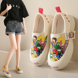 WomenS Slip-On Shoes New Spring Fashion Versatile Cartoon Pattern WomenS Shoes Thick-Soled Casual Slip-On Platform Canvas Shoes