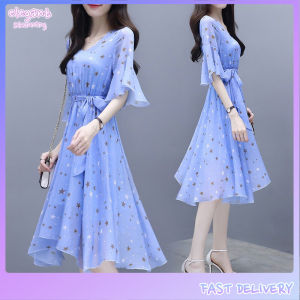 elegantstunning Summer Slim V-neck Ribbon Dress Elegant Star Flare Sleeves Middle Long Printing Dress