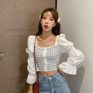 Women Blouse Square Collar Knitted Long Sleeve Crop Top 女装长袖上衣 Baju Wanita Korean Plaid Patchwork Slim T-019