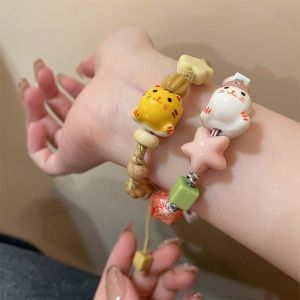 ERIMER งานทำมือ สร้อยข้อมือแมวเซรามิก สไตล์เกาหลีแบบ แมวนำโชค สร้อยข้อมือ maneki Neko สดใหม่ใหม่ ลูกปัด Liuli สร้อยข้อมือลูกปัดแมว ของขวัญสำหรับเด็ก